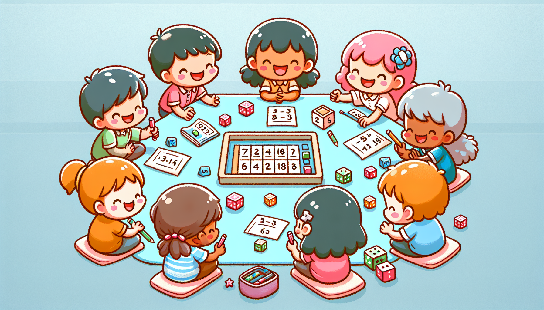 Kinderen die tafels oefenen met groepsspellen in de klas