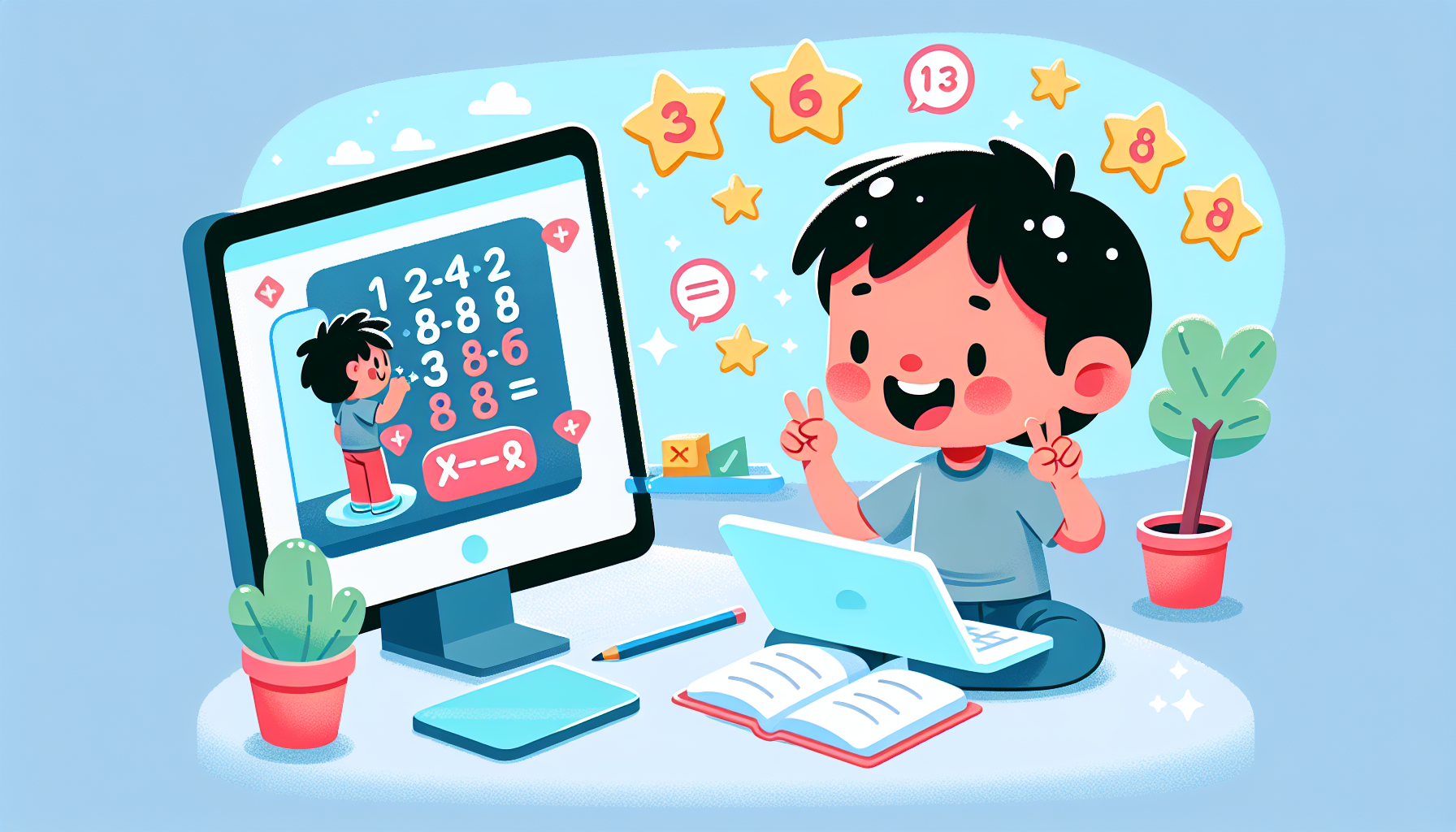 Kind dat online de tafels oefent en sterren verdient