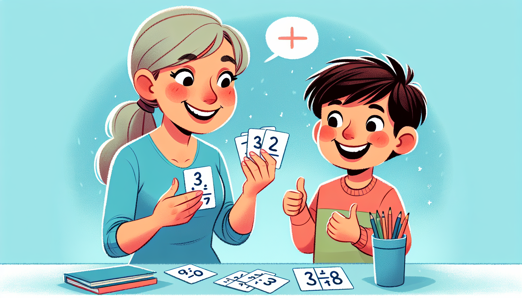 Ouder die het kind de tafels overhoort met flashcards