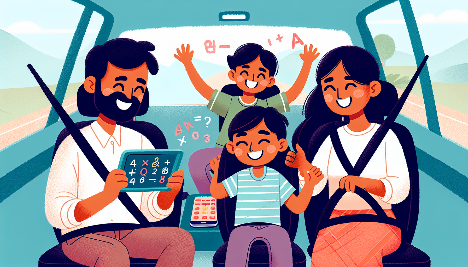 Familie die in de auto tafels oefent met spelletjes